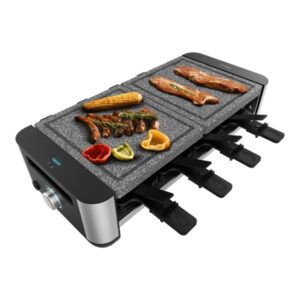 Cecotec Cheese and Grill 16000 Inox AllStone Raclette - 1400W - Placa de Piedra Natural - Superficie 40x22cm - Termostato - 8 Sartenes Antiadherentes - Apto Lavavajillas - Espatulas de Madera - Color Negro