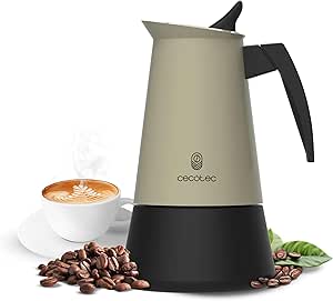 Cecotec Piccolina 600 Cafetera Italiana para 6 Tazas de Acero Inoxidable - Capacidad de 300ml - Junta de Silicona - Compatible con Todo Tipo de Cocinas - Valvula de Seguridad - Color Negro y Verde