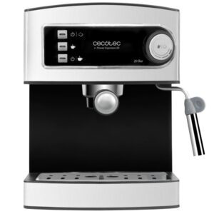 Cecotec Power Espresso Cafetera Expresso - 850W - 20Bar - Deposito 1.6L Extraible - Doble Salida - Vaporizador Orientable - Calienta Tazas - Acabados en Acero Inoxidable - Color Negro y Plata