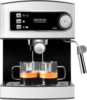 Cecotec Power Espresso 20 Cafetera Express Automatica - Potencia de 850W - Bomba de 20 Bares - Deposito de 1.5L - Doble Salida - Vaporizador Orientable - Acero Inoxidable