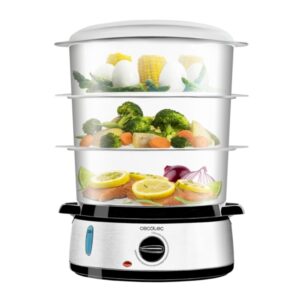 Cecotec Vapovita 3000 Inox Vaporera Multifuncional - 800W - Acero Inoxidable - Capacidad de 9L - 3 Recipientes Independientes - Soporte para Huevos - Temporizador - Color Negro y Plata
