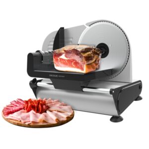 Cecotec Rock’nCut Cortafiambres de 150W - Disco Extraible de 190mm - Ajuste de Grosor hasta 15mm - Acero Inoxidable - Base con Ventosas - Proteccion para las Manos