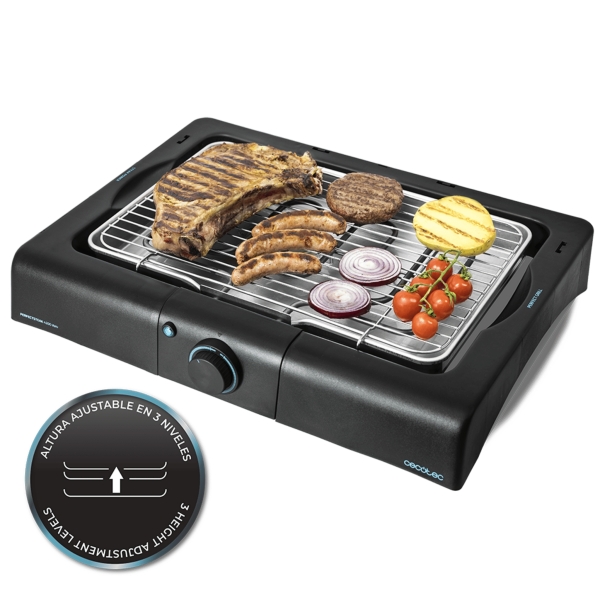 Cecotec PerfectSteak 4200 Way Barbacoa Electrica de Sobremesa - 2400W - Parrilla de Acero Inoxidable - Altura Ajustable - Bandeja Desmontable - Indicador Luminoso - Carcasa Esmaltada - Color Negro