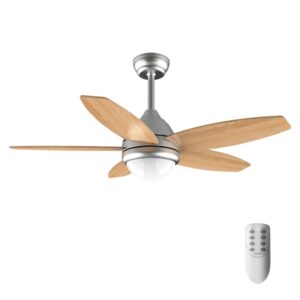 Cecotec EnergySilence Aero 495 Ventilador de Techo con 5 Aspas Reversibles de Madera Clara y Luz LED - 55W - Diametro de 42" - Mando a Distancia - Temporizador - 3 Velocidades - Acero Inoxidable