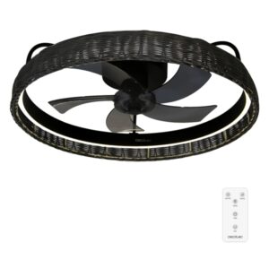 Cecotec EnergySilence LampAero 600 Black Design Ventilador de Techo con 5 Aspas de 17" y Luz LED - 20W - LED con 3 Tonos - Tulipa de Mimbre - Temporizador - Modo Invierno - 6 Velocidades - Color Negro