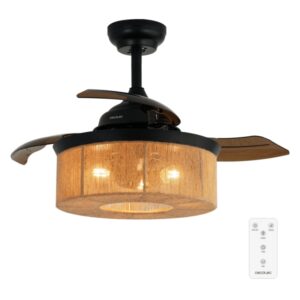 Cecotec EnergySilence Aero 3600 Invisible Natural Style Ventilador de Techo con 3 Aspas Retractiles - 25W - 6 Velocidades - Temporizador - Tulipa Natural con Cuerda - Modo Invierno - Color Negro