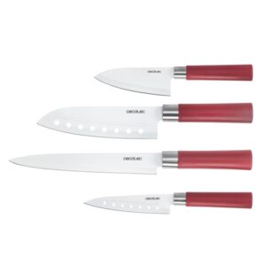 Cecotec santoku Pack de 4 Cuchillos Profesionales - Hoja de 2mm de Grosor - Recubrimiento Ceramico - Acero Inoxidable con Base de Carbono - Estilo Japones - Estuche - Aptos para Lavavajillas - Color Rojo
