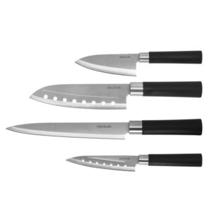 Cecotec santoku Pack de 4 Cuchillos Profesionales - Hoja de 2mm de Grosor - Acero Inoxidable con Base de Carbono - Mango Ergonomico - Estilo Japones - Estuche - Apto para Lavavajillas - Color Negro