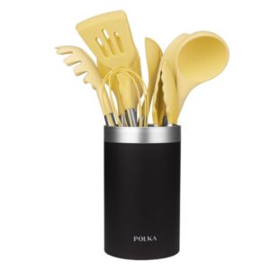 Cecotec Polka Experience Vulcano Pack de 9 Utensilios de Cocina - Mango de Acero y Caucho Termoplastico - Silicona Antiadherente - Resistente hasta 220°C - Soporte - Libre de BPA - Color Amarillo Pastel