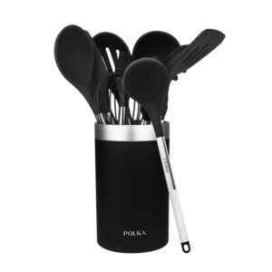 Cecotec Polka Exclusive Wood and Rock Pack de 9 Utensilios de Cocina - Incluye Soporte - Materiales Silicona y Acero - Resistente hasta 220°C - Libre de BPA - Silicona Antiadherente - Color Negro