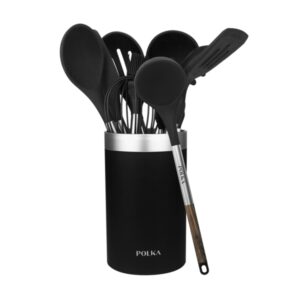 Cecotec Polka Excellence Force Pack de 9 Utensilios de Cocina - Mango Efecto Madera - Silicona Antiadherente - Resistente hasta 220°C - Libre de BPA - Incluye Soporte - Facil de Limpiar - Color Negro