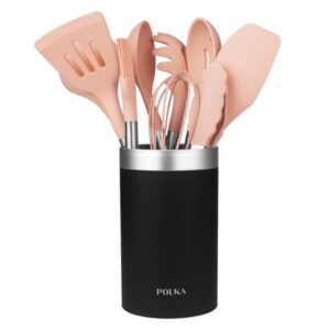 Cecotec Polka Experience Gravity Pack de 9 Utensilios de Cocina - Mango Acero y Caucho Termoplastico - Silicona Antiadherente - Resistente hasta 220°C - Soporte - Libre de BPA - Color Rosa Pastel