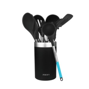 Cecotec Polka Platinum Thunder Pack de 9 Utensilios de Cocina - Soporte - Silicona Antiadherente - Resiste hasta 220°C - Mangos de Acero y Caucho Termoplastico - Facil de Limpiar - Color Negro
