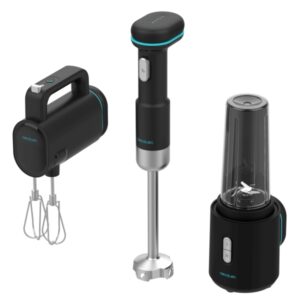 Cecotec BlendGo Pack de 3 Batidoras con Bateria - 180W - Batidora de Mano - Batidora de Vaso - Batidora de Varillas - Velocidad Ajustable - Apto para Lavavajillas - Autonomia 30min - Color Negro