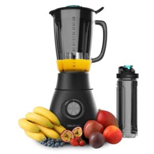 Cecotec Power Black Titanium 1800 Go Batidora de Vaso - Potencia de 1800W - Cuchilla de Titanio - Jarra de Vidrio 1.8L - 5 Velocidades - Incluye Botella Portatil - Funcion Turbo - Color Negro