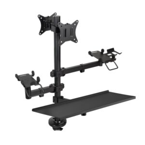 Tooq Soporte de Mesa para 2 Monitores de 17"-32" + Soportes para Impresora TPV, Lector de Codigos, Datafono + Bandeja para Teclado y Raton - Gestion de Cables - Peso Max 9kg x Brazo - VESA 100x100mm