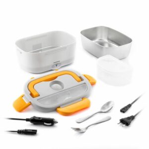 Innovagoods Lunffi Fiambrera Electrica - Capacidad 1.5L - Temperatura hasta 90°C - Potencia 60W - Cables Extraibles - Recipiente de Acero Inoxidable - Tapa con Valvula - Color Naranja y Blanco