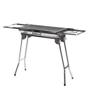 Innovagoods ExelQ Barbacoa Portatil de Acero Inoxidable - Plegable - Parrilla Extraible de 57X29cm - Asas de Transporte - Paraviento - Capacidad hasta 1.5kg de Carbon - 81x73x33cm - Color Gris