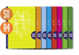 Lamela Pack de 10 Libretas Grapadas con 50 Hojas de 90g/m2 con Margen - Formato A4 - Pauta Cuadrovia de 5mm - Cubierta de Cartoncillo Plastificado - Papel Offset Blanco Extra - Colores Surtidos