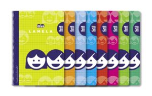 Lamela Pack de 10 Cuadernos de Espiral con 40 Hojas de 70g/m2 con Margen - Formato Cuarto - Pauta Cuadrovia de 3mm - Cubierta de Cartoncillo Plastificado - Papel Offset Blanco Extra - Colores Surtidos