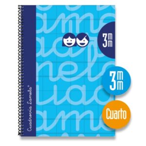 Lamela Cuaderno Espiral con 80 Hojas de 70g/m2 con Margen - Formato Cuarto - Pauta Cuadrovia de 3mm - Cubierta Extra Dura - Papel Offset Blanco Extra - Color Azul