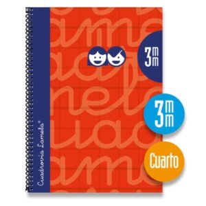 Lamela Cuaderno Espiral con 80 Hojas de 70g/m2 con Margen - Formato Cuarto - Pauta Cuadrovia de 3mm - Cubierta Extra Dura - Papel Offset Blanco Extra - Color Rojo