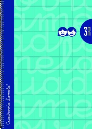 Lamela Cuaderno Espiral con 80 Hojas de 90g/m2 con Margen - Formato Cuarto - Pauta Cuadrovia de 3mm - Cubierta Extra Dura - Papel Offset Blanco Extra - Color Turquesa