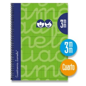 Lamela Cuaderno Espiral con 80 Hojas de 70g/m2 con Margen - Formato Cuarto - Pauta Cuadrovia de 3mm - Cubierta Extra Dura - Papel Offset Blanco Extra - Color Verde