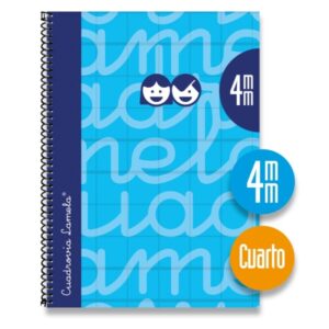 Lamela Cuaderno Espiral con 80 Hojas de 70g/m2 con Margen - Formato Cuarto - Pauta Cuadrovia de 4mm - Cubierta Extra Dura - Papel Offset Blanco Extra - Color Azul