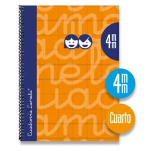 Lamela Cuaderno Espiral con 80 Hojas de 70g/m2 con Margen - Formato Cuarto - Pauta Cuadrovia de 4mm - Cubierta Extra Dura - Papel Offset Blanco Extra - Color Naranja