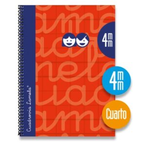 Lamela Cuaderno Espiral con 80 Hojas de 70g/m2 con Margen - Formato Cuarto - Pauta Cuadrovia de 4mm - Cubierta Extra Dura - Papel Offset Blanco Extra - Color Rojo