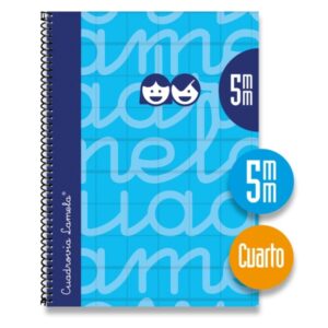 Lamela Cuaderno Espiral con 80 Hojas de 70g/m2 con Margen - Formato Cuarto - Pauta Cuadrovia de 5mm - Cubierta Extra Dura - Papel Offset Blanco Extra - Color Azul