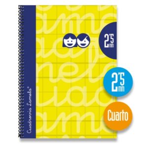 Lamela Cuaderno Espiral con 80 Hojas de 70g/m2 con Margen - Formato Cuarto - Pauta Cuadrovia de 2.5mm - Cubierta Extra Dura - Papel Offset Blanco Extra - Color Amarillo