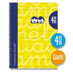 Lamela Cuaderno Espiral con 80 Hojas de 70g/m2 con Margen - Formato Cuarto - Pauta Cuadrovia de 4mm - Cubierta Extra Dura - Papel Offset Blanco Extra - Color Amarillo
