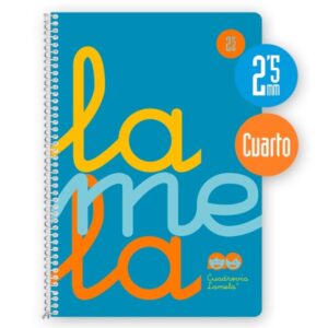Lamela Cuaderno Espiral con 80 Hojas de 90g/m2 con Margen - Formato Cuarto - Pauta Cuadrovia de 2.5mm - Cubierta Extra Dura - Papel Offset Blanco Extra - Color Azul