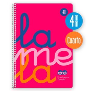 Lamela Cuaderno Espiral con 80 Hojas de 90g/m2 con Margen - Formato Cuarto - Pauta Cuadrovia de 4mm - Cubierta Extra Dura - Papel Offset Blanco Extra - Color Rosa