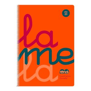 Lamela Cuaderno Espiral con 80 Hojas de 90g/m2 con Margen - Formato Cuarto - Pauta Cuadrovia de 5mm - Cubierta Extra Dura - Papel Offset Blanco Extra - Color Naranja