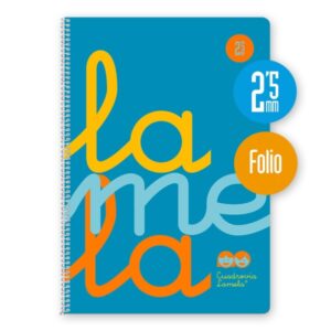 Lamela Cuaderno Espiral con 80 Hojas de 90g/m2 con Margen - Formato Folio - Pauta Cuadrovia de 2.5mm - Cubierta de Polipropileno - Papel Offset Blanco Extra - Color Azul Fluorescente