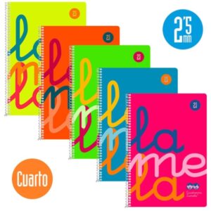 Lamela Pack de 5 Cuadernos de Espiral con 80 Hojas de 90g/m2 con Margen - Formato Cuarto - Pauta Cuadrovia de 2.5mm - Cubierta Extra Dura - Papel Offset Blanco Extra - Colores Surtidos