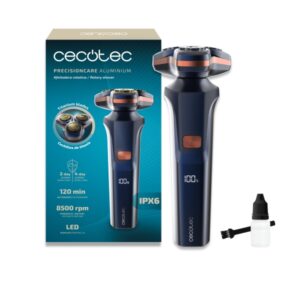 Cecotec PrecisionCare Aluminum Afeitadora Rotatoria - Autonomia hasta 2h - Cabezal Magnetico - Velocidad 8500rpm - Pantalla LED - Revestimiento de Titanio - Color Azul Marino