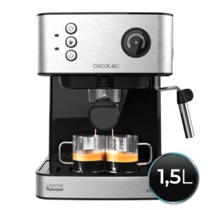 Cecotec Power Espresso 20 Professionale Cafetera Expresso con Vaporizador - Capacidad 1.5L - Presion 20bar - Deposito de 1.5L - Acero Inoxidable - Vaporizador - Calientatazas - Color Negro y Plateado
