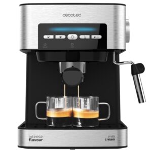 Cecotec Power Espresso 20 Matic Cafetera Expresso con Vaporizador - Capacidad 1.5L - Presion 20bar - Deposito de 1.5L - Acero Inoxidable - Vaporizador - Calientatazas - Color Negro y Plateado