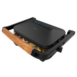 Cecotec Rock'nGrill 1200 Wood B Parrilla Electrica - Potencia 1300W - Temperatura Regulable - Revestimento de Piedra - Asa Tacto Frio - Placa Superior Flotante - Base Antideslizante - Color Negro