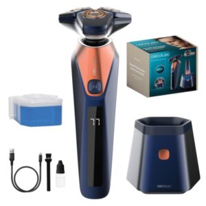 Cecotec PrecisionCare Saphire Pro Afeitadora Rotativa con Base Autolimpieza - Autonomia hasta 90min - Cuchillas de Titanio - Varias Velocidades - Liquido de Autolimpieza - IPX7 - Color Negro