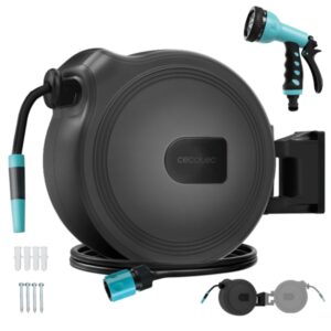Cecotec HydroShell 20 Manguera de 20m - Recogida Automatica - Giro 180º - Accesorios Incluidos - Tambor Extraible - Pistola Pulverizadora - Conexion Universal - Color Negro