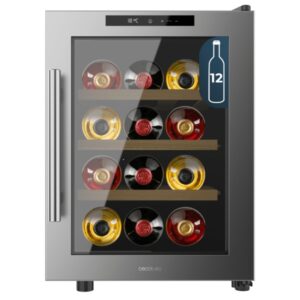 Cecotec Bolero GrandSommelier 1255 CoolWood Vinoteca para 12 Botellas - Silencioso 35dB - Luz LED - Pantalla LED - Temperatura Regulable - Acero Inoxidable - Control Tactil - Color Gris