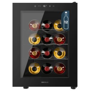 Cecotec Bolero GrandSommelier 1255 CoolCrystal Vinoteca para 12 Botellas - Silencioso 35dB - Luz LED - Pantalla LED - Temperatura Regulable - Control Tactil - Color Negro