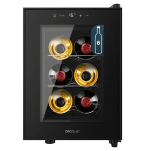 Cecotec Bolero GrandSommelier 600 CoolCrystal Vinoteca para 6 Botellas - Silencioso 35dB - Luz LED - Pantalla LED - Temperatura Regulable - Control Tactil - Color Negro
