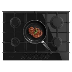 Cecotec Bolero Squad G 5400F Glass Black Cocina de Gas Encastrable - 5 Quemadores - Acabado en Cristal Negro - 10.4kW - Parrillas de Hierro Fundido - Wok de Triple Corona - Color Negro
