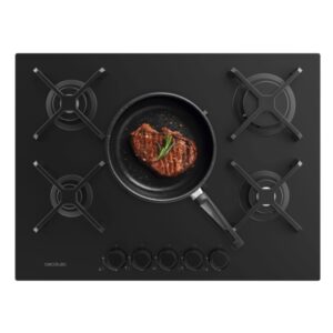 Cecotec Bolero Squad G 5400S Nano Glass Cocina de Gas Encastrable - 5 Quemadores - Acabado en Cristal Negro - 10.4kW - Parrillas de Hierro Fundido - Wok de Triple Corona - Color Negro